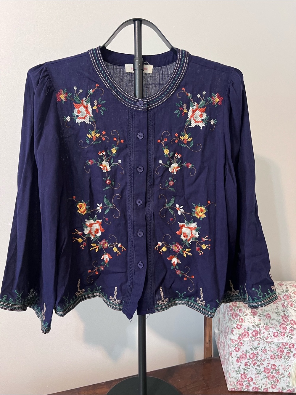 SOLITAIRE Navy Floral Cross Stitch Embroidered Boho Blouse Top Medium